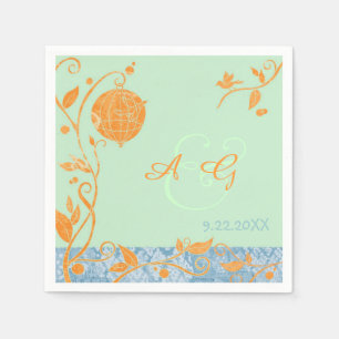 Mint Green & Orange Love Birds Wedding Napkin