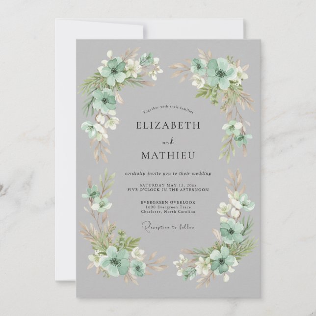 Mint Green Ornate Botanical Wedding Invitation (Front)