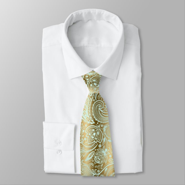 Mint-green paisley gold background tie (Tied)