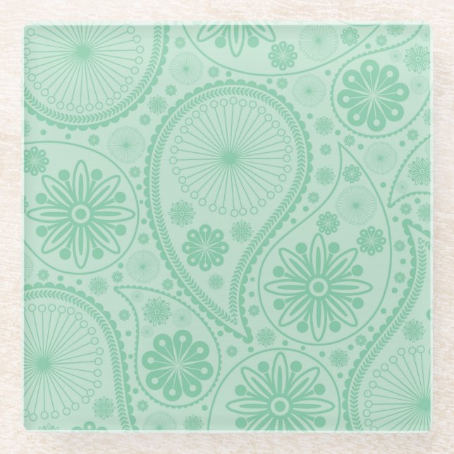 Mint green paisley pattern glass coaster (Front)