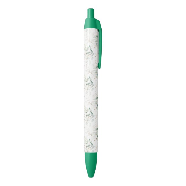 Mint Green Pastel Floral Greenery Pattern Black Ink Pen (Bottom (Vertical))