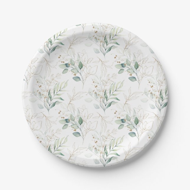Mint Green Pastel Floral Greenery Pattern Paper Plate (Front)