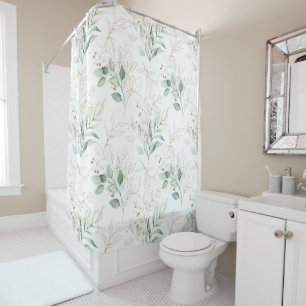 Mint Green Pastel Floral Greenery Pattern Shower Curtain