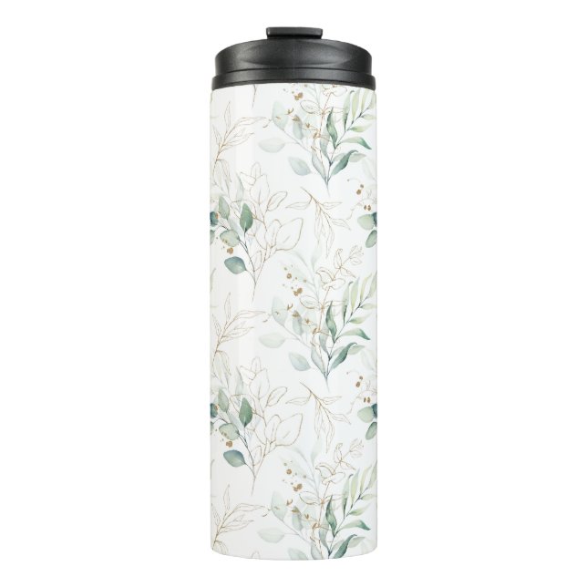Mint Green Pastel Floral Greenery Pattern Thermal Tumbler (Front)