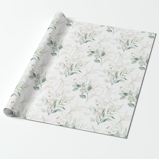 Mint Green Pastel Floral Greenery Pattern Wrapping Paper (Unrolled)