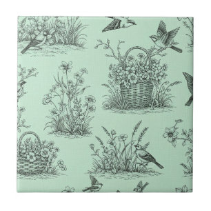 Mint Green Pastoral Toile with Birds and Blossoms Tile