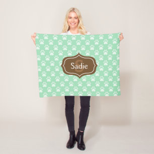 Mint Green Paw Prints And Brown Monogram & Name Fleece Blanket