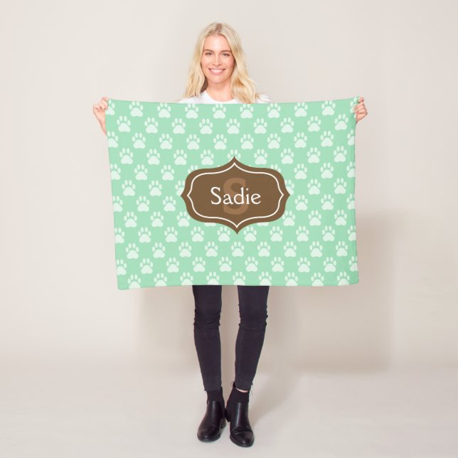 Mint Green Paw Prints And Brown Monogram & Name Fleece Blanket (In Situ)