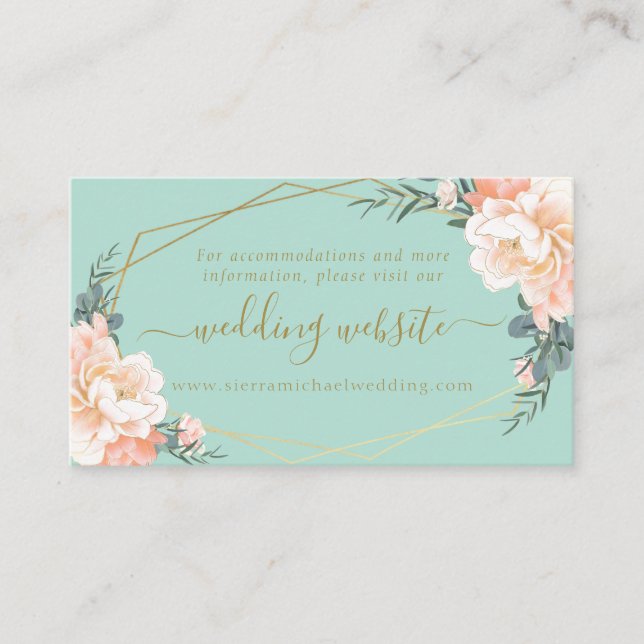 Mint Green Peach Cream Gold Floral Wedding Website Enclosure Card (Front)