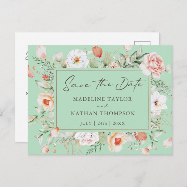Mint Green & Peach Floral Save The Date Announcement Postcard (Front/Back)
