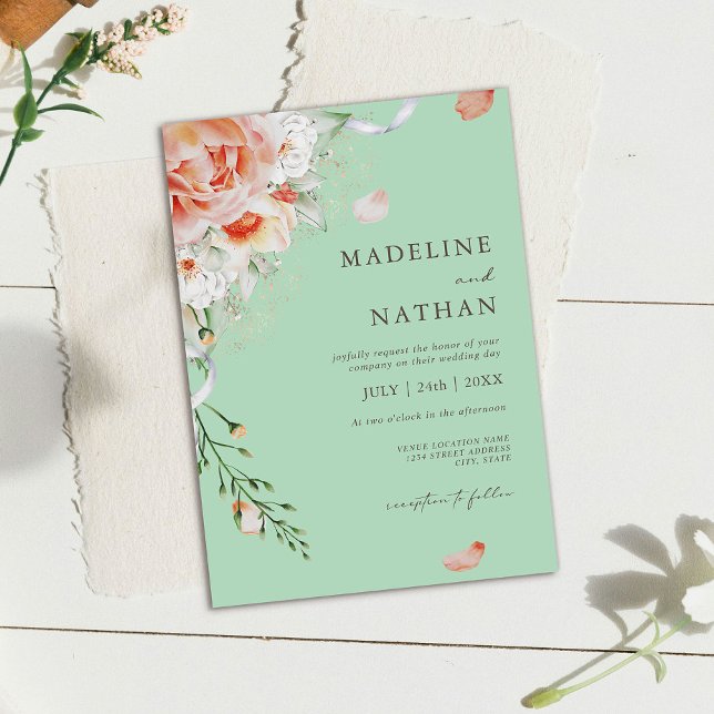 Mint Green & Peach Floral Wedding Invitation (Creator Uploaded)