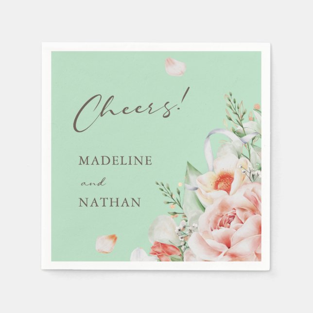 Mint Green & Peach Floral Wedding Napkins (Front)