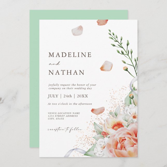 Mint Green, Peach & White Floral Wedding  Invitation (Front/Back)