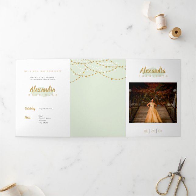 Mint Green Photo Quinceanera Tri-Fold Invitation (Outside)