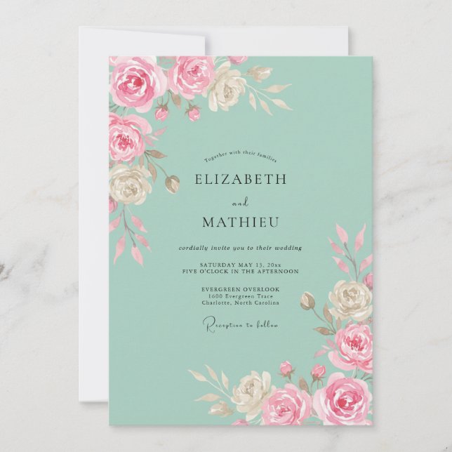 Mint Green Picturesque Rose Wedding Invitation (Front)