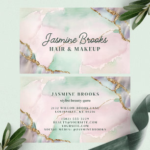Mint Green Pink and Gold Watercolor Business Card