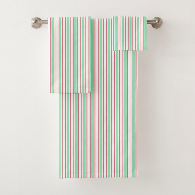 Mint green, pink and white candy stripes bath towel set (Insitu)