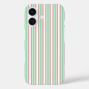 Mint green, pink and white candy stripes iPhone 16 case