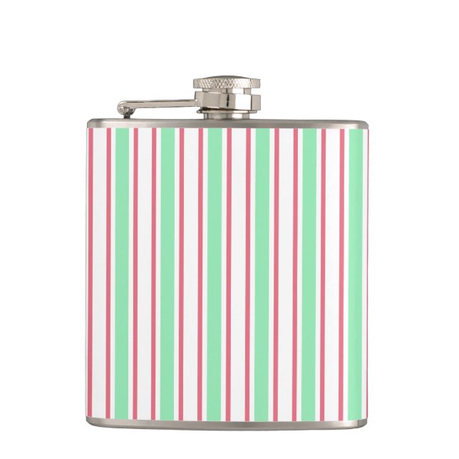 Mint green, pink and white candy stripes hip flask (Front)