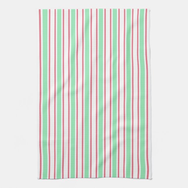 Mint green, pink and white candy stripes tea towel (Vertical)