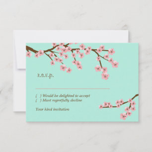 Mint Green & Pink Cherry Blossom Modern RSVP Card