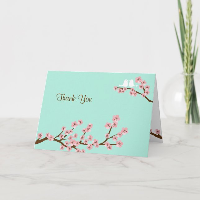 Mint Green & Pink Cherry Blossom Modern Thank You Card (Front)