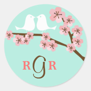 Mint Green & Pink Cherry Blossom Modern Wedding Classic Round Sticker