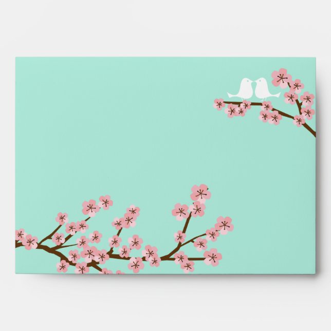 Mint Green & Pink Cherry Blossom Modern Wedding Envelope (Front)