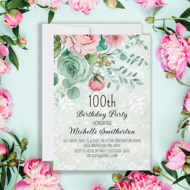Mint Green Pink Floral Butterflies Birthday Invitation (Creator Uploaded)