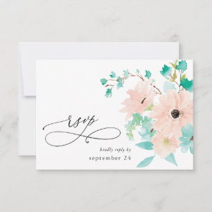 Mint Green & Pink Floral on White w Meal RSVP Card