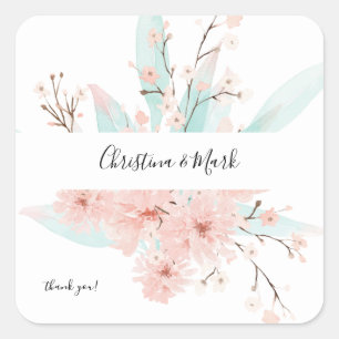 Mint Green & Pink Floral Thank You Square Sticker