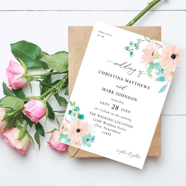 Mint Green & Pink Floral Wedding Invitation (Creator Uploaded)