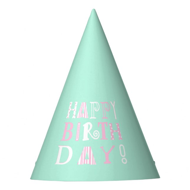 Mint green & pink funky Happy Birthday hat (Front)