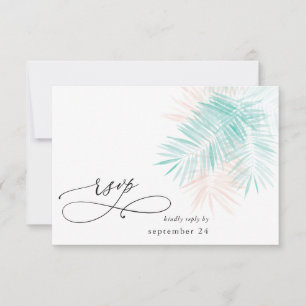 Mint Green & Pink Palm Leaf on White w Meal RSVP Card