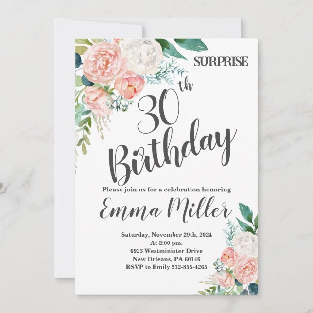 Mint, Green & Pink Peonies 30th Birthday Invitation (Front)