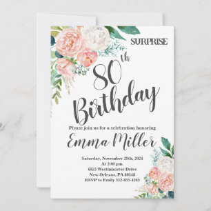 Mint Green & Pink Peonies 80th Birthday Invitation