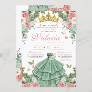 Mint Green Pink Rose Butterfly Princess Quince Invitation