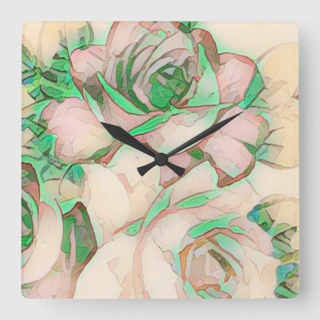 Mint Green Pink Rose Light Airy Pattern Square Wall Clock (Front)