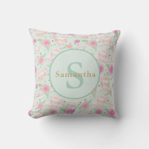 Mint Green Pink Tea Party Personalised Monogram Cushion