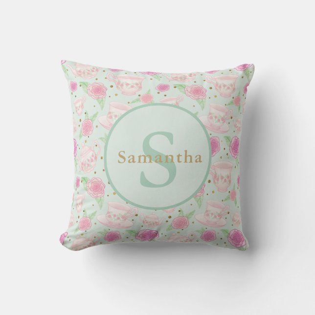 Mint Green Pink Tea Party Personalised Monogram Cushion (Front)