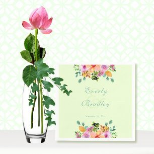 Mint Green Pink Watercolor Floral Boho Wedding Napkin