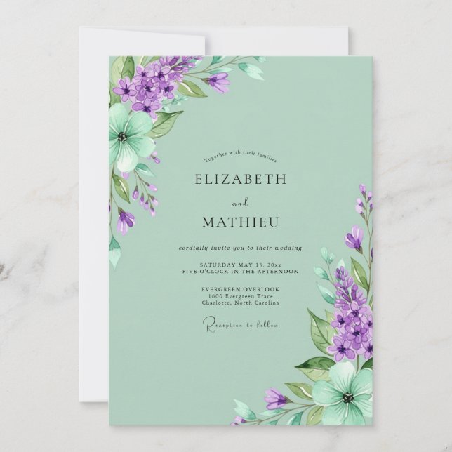 Mint Green Poetic Lilac Wedding Invitation (Front)