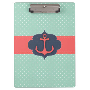 Mint Green Polka Dot Coral Pink Anchor Clipboard
