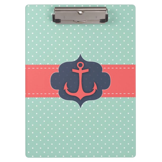 Mint Green Polka Dot Coral Pink Anchor Clipboard (Front)