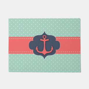 Mint Green Polka Dot Coral Pink Anchor Doormat