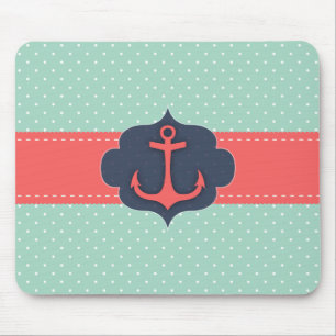 Mint Green Polka Dot Coral Pink Anchor Mouse Pad
