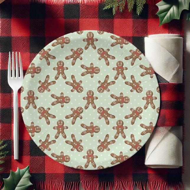 Mint Green Polka Dot Gingerbread Man Christmas Paper Plate (Creator Uploaded)