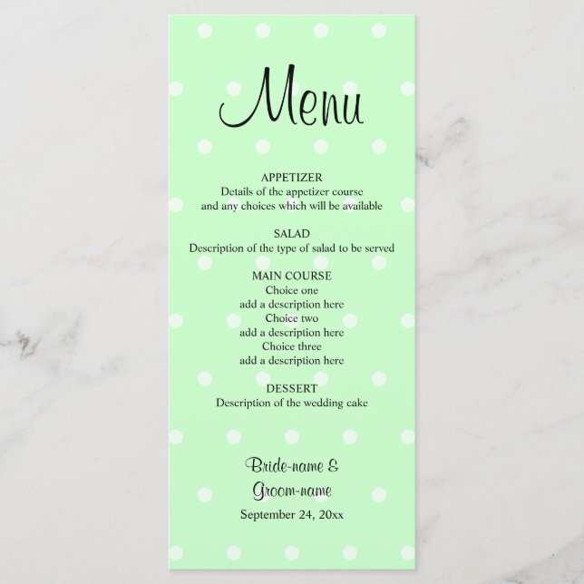 Mint Green Polka Dot Pattern. Wedding Menu (Front)