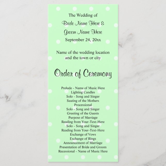 Mint Green Polka Dot Pattern. Wedding Program Programme (Front)