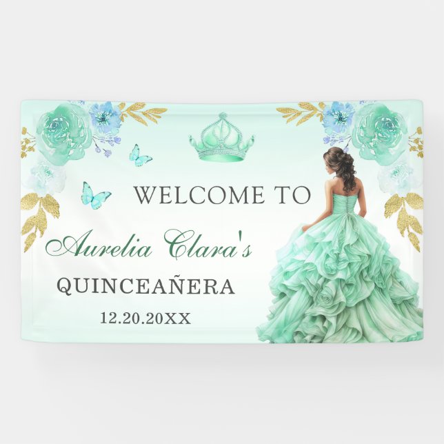 Mint Green Princess Dress Quinceañera Birthday Banner (Horizontal)